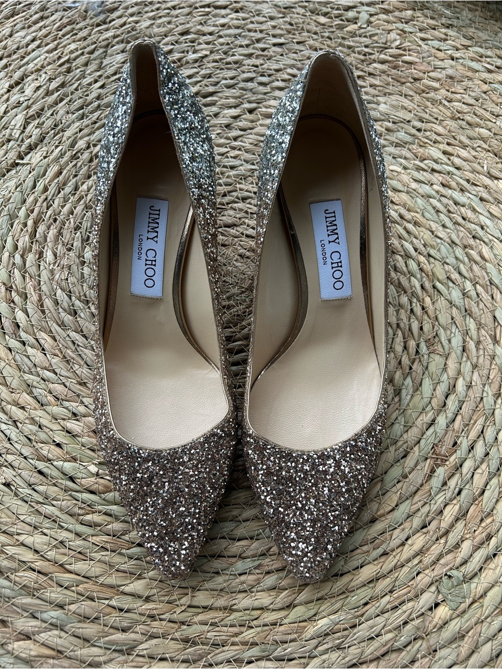 🚩steal Jimmy Choo Champagne Glitter Pointed Flats